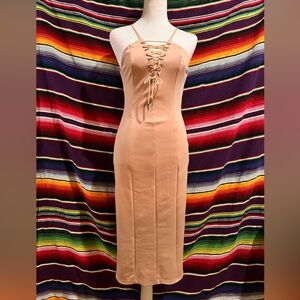 Elegant Peach Pink Tan Salmon Front Lace-Up Sexy Form-Fitting Dress